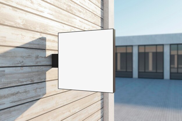 Bouchon blanc carré vide sur un bâtiment en bois Ville lumineuse avec fond de lumière du soleil Ad pub café ou bannière de restaurant Mock up 3D Rendering