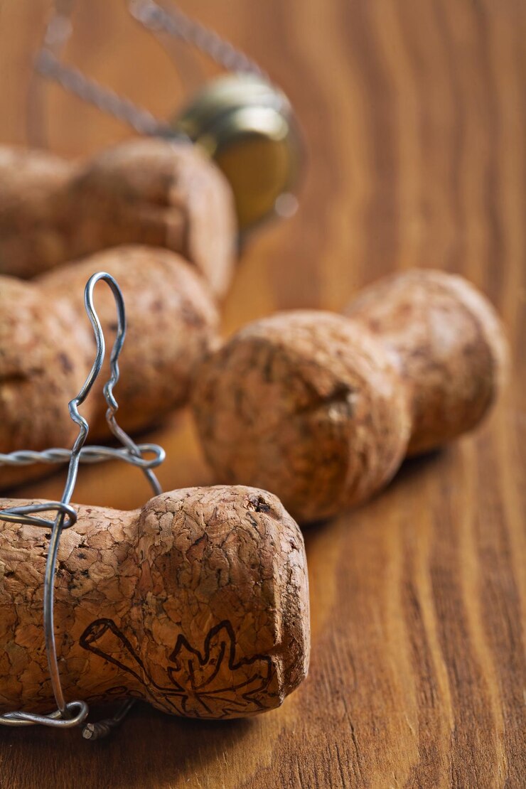 Photo bouchons de champagne sur planche de bois close up