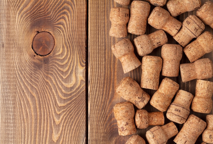 Photo bouchons de vin de champagne sur fond de texture de table en bois