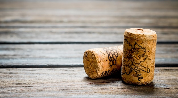 Bouchons de vin sur fond en bois