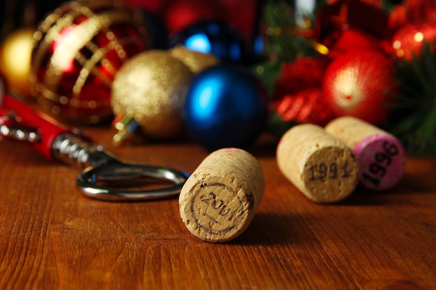 Bouchons de vin avec des jouets du nouvel an sur le plan rapproché de table en bois