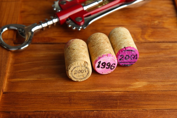Photo des bouchons de vin avec un tire-bouchon sur des boîtes de vin en gros plan
