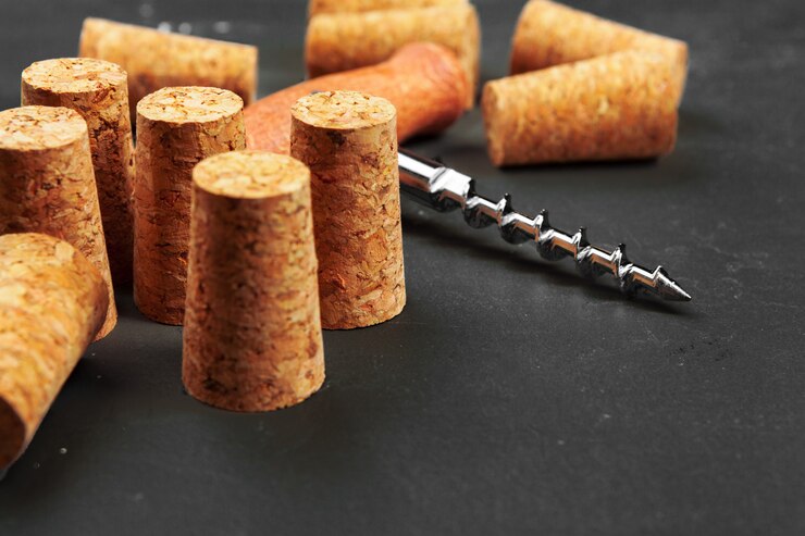 Photo bouchons à vin avec tire-bouchon sur table en bois