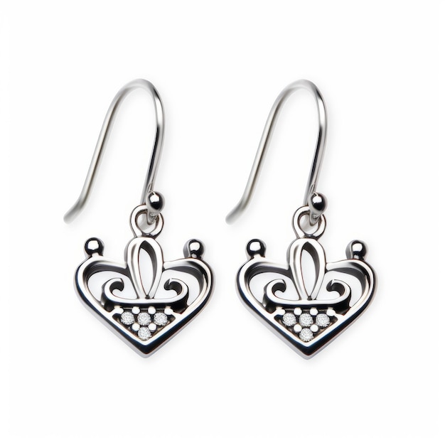 Photo des boucles d'oreilles en argent avec un cœur filigrané, des symboles graphiques et un style.