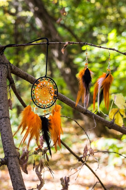 Boucles d'oreilles et attrape-rêves faits à la main avec des fils de plumes et des cordes de perles suspendues