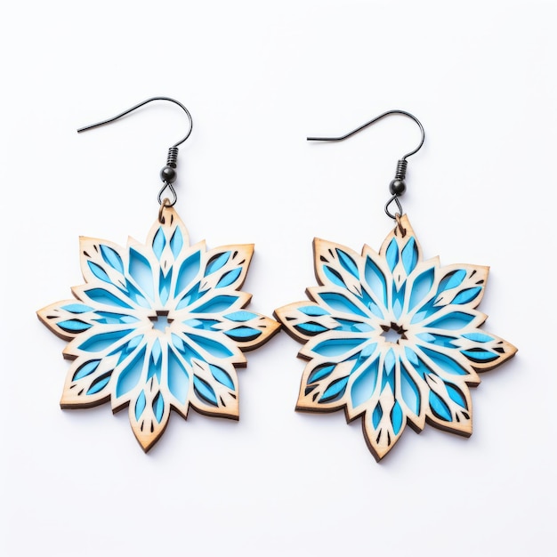 Des boucles d'oreilles en flocon de neige en bois avec un médaillon bleu inspiré de Tanya Shatseva