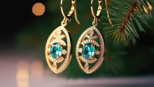 Boucles d'oreilles en or avec topaze sur le fond d'un arbre de Noël avec des lumières Cadeau pour le nouvel an et Noël Bannière avec place pour le texte AI générative