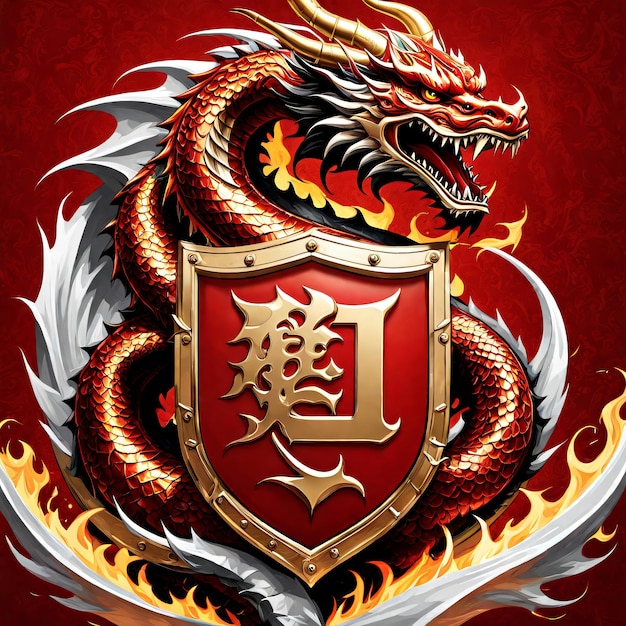 Bouclier de dragon avec du feu sur fond rouge illustration pour votre conception