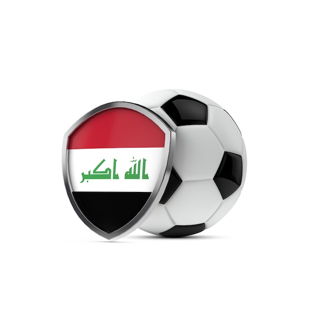 Bouclier de drapeau national de l'Irak avec un ballon de football rendu 3D