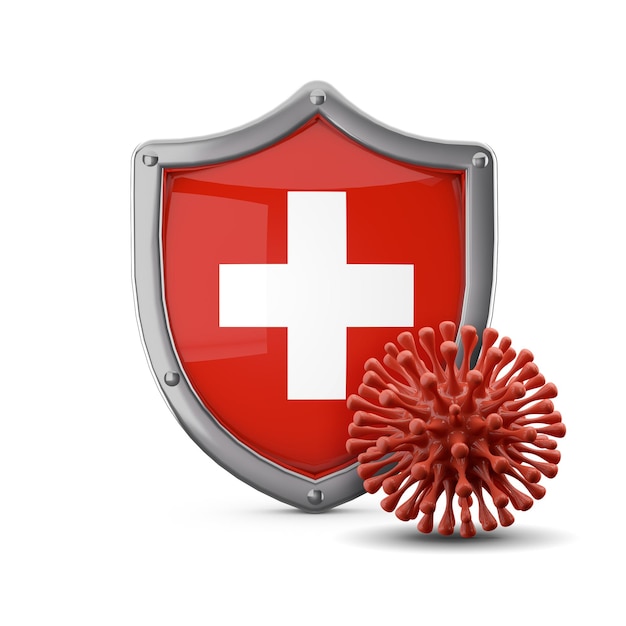 Bouclier du drapeau suisse protection contre un virus bactérie d rendu