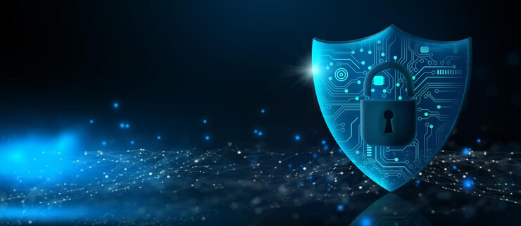Bouclier avec icône de cadenas sur la carte de circuit imprimé et filaire réseau avec code binaire sur fond bleu Résumé Blocage de la cyberattaque Cyberdonnées et confidentialité des informations Concept Rendu 3D