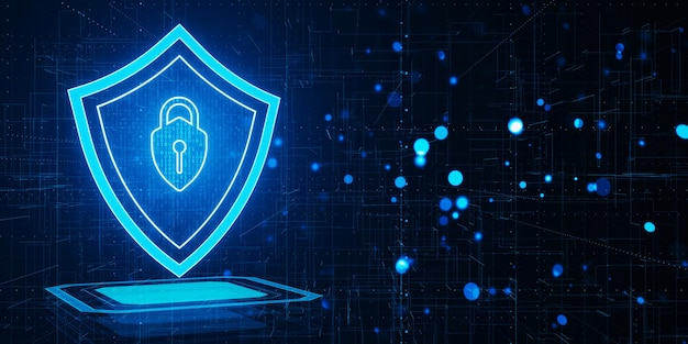 Bouclier numérique avec un symbole de cadenas flottant au-dessus d'une plate-forme stylisée comme un réseau numérique sur un fond de circuit bleu foncé concept de cybersécurité 3D Rendering