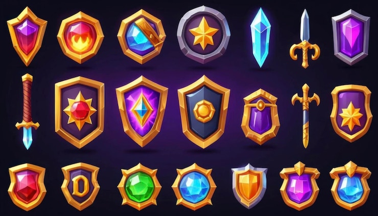 Photo des boucliers médiévaux, des épées, des bijoux, des icônes aux couleurs vives, de l'ajout de touches, de la magie, des jeux de fantaisie, du jeu de rôle.