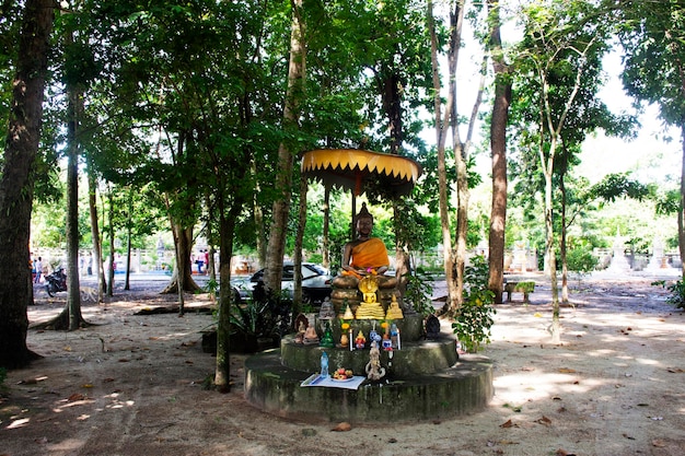 Bouddha antique et vieil ange de divinité antique dans le parc-jardin du temple Wat Khuan Maphrao pour les voyageurs thaïlandais voyagent visite et respect priant bénédiction souhait mythe mystère à Phatthalung Thaïlande