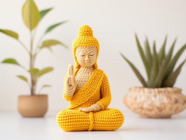 Bouddha assis dans une position de lotus avec une plante en pot en arrière-plan