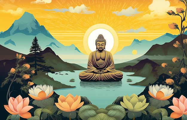Bouddha assis en position du lotus dans l'illustration des montagnes