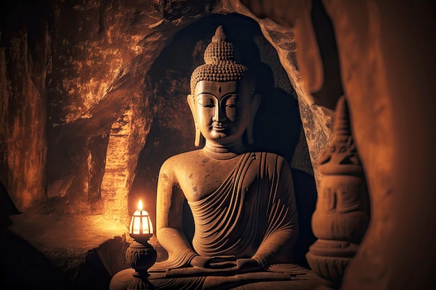 Bouddha au visage illuminé dans un vieux temple bouddhiste troglodyte créé avec une ai générative