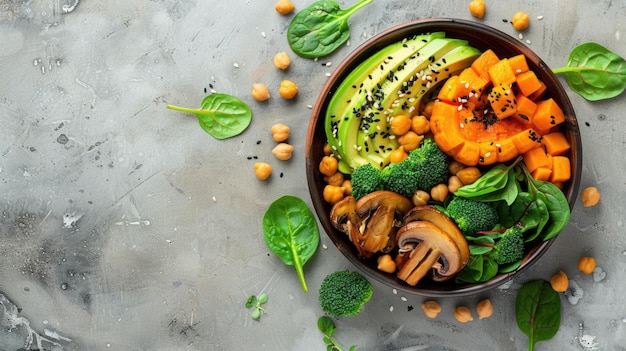 Bouddha bol de légumes avec des champignons à l'avocat génératif Ai