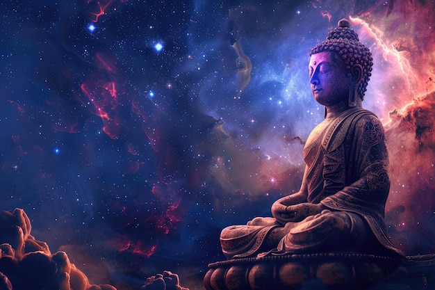 Le Bouddha des chakras méditant dans l'espace avec sept chakras