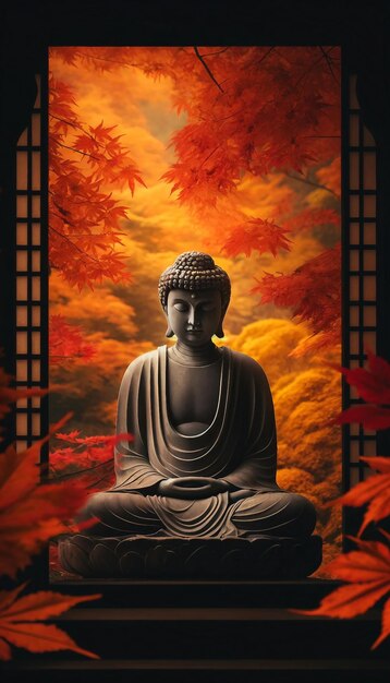 Le Bouddha de la contemplation d'automne encadré par des feuilles ardentes