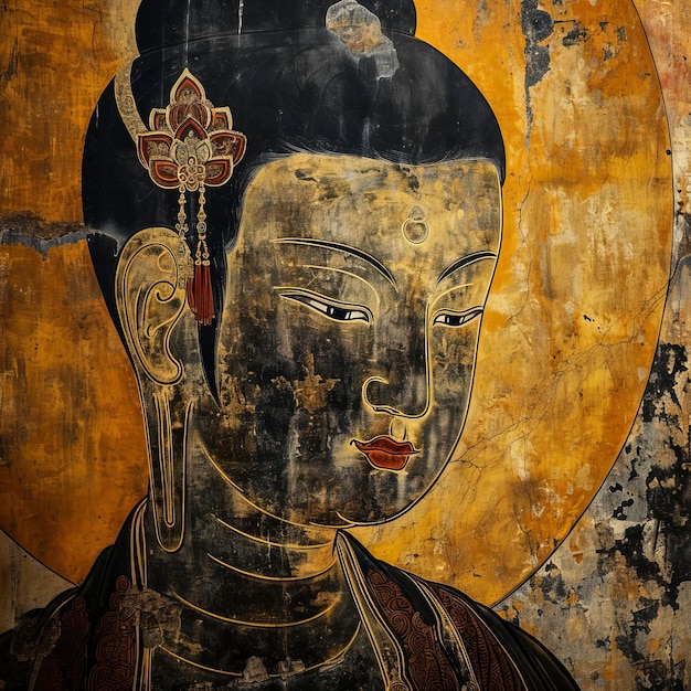 Le Bouddha du Tathagata dans les grottes de Dunhuang Mogao Peinture murale Des lignes lisses Noire