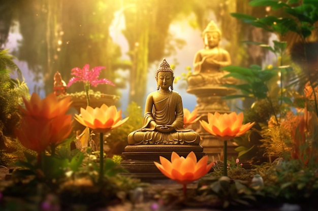 Un bouddha est assis dans le jardin avec un lotus et des bougies