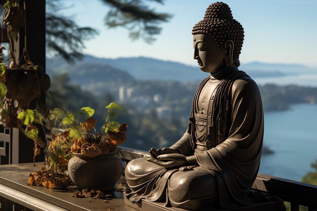 Photo un bouddha est assis dans la montagne avec un lotus et des bougies arrière-plan pour la célébration du vesak jour du vesak