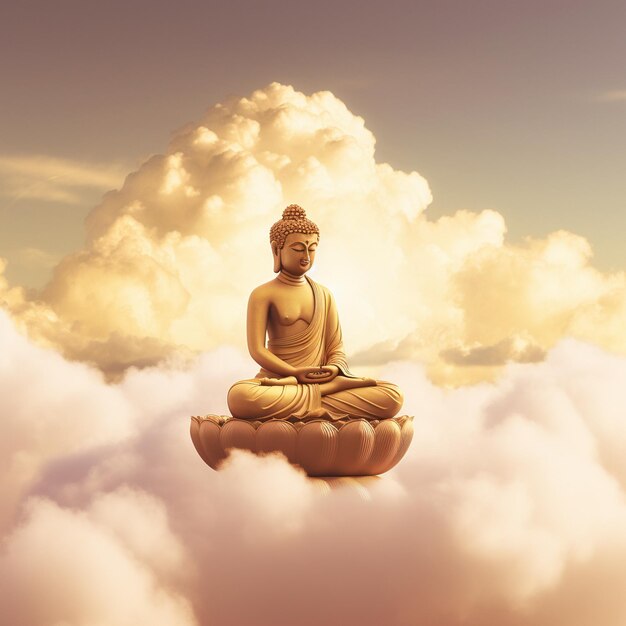 Un bouddha est assis sur un nuage avec le soleil qui brille dessus.