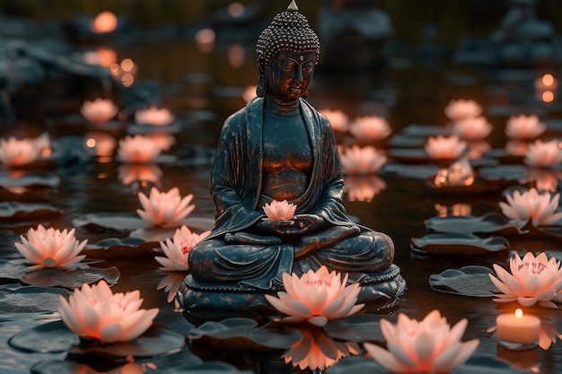 Bouddha était assis dans une fleur de lotus flottant sur la surface de l'eau.