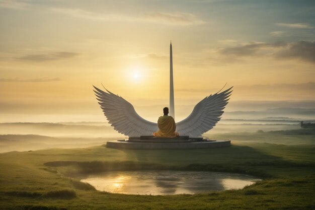 Photo un bouddha avec la grande mer au coucher du soleil en arrière-plan