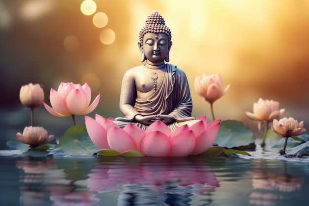 Bouddha sur lotus avec fond d'eau