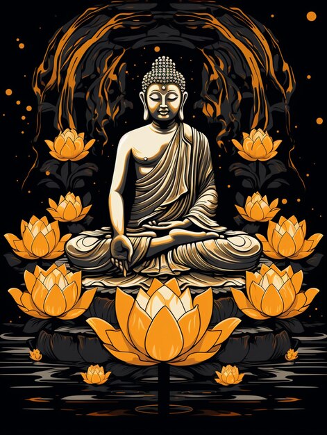 Bouddha en position de lotus avec des fleurs de lotus dessin de t-shirt pour le design d'impression