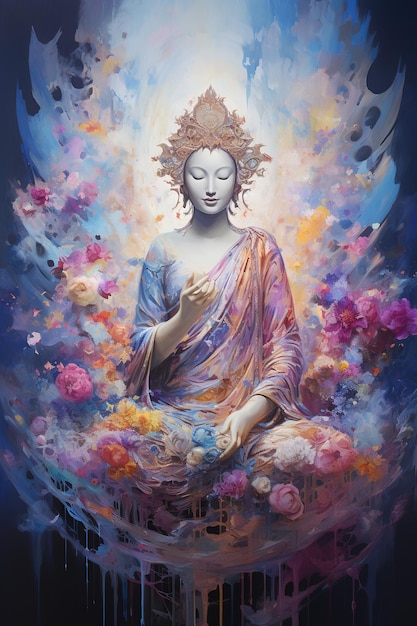 Bouddha Purnima Bouddha statue méditation fond floral