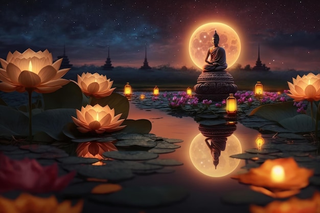 Bouddha purnima Vesak jour fond statue de Bouddha avec fleur de Lotus et côté lumière de bougie sur la rivière