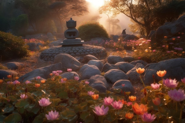 Bouddha serein dans le jardin de rocaille à l'aube IA générative