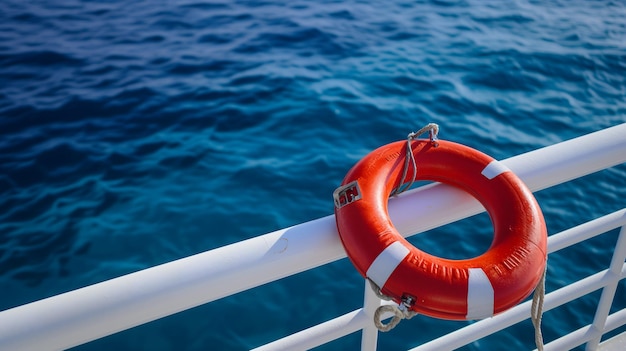 Une bouée de sauvetage attachée à une balustrade blanche d'un navire avec la mer bleue claire en arrière-plan