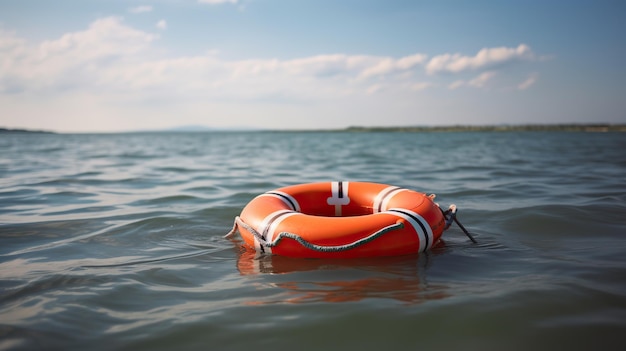 Bouée de sauvetage orange sur l'eau dans la mer bleue Sécurité sur le sauvetage aquatique d'une personne qui se noie