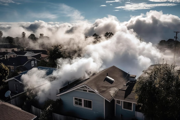 Des bouffées de fumée blanche dansent joyeusement au-dessus d'un toit de banlieue IA générative