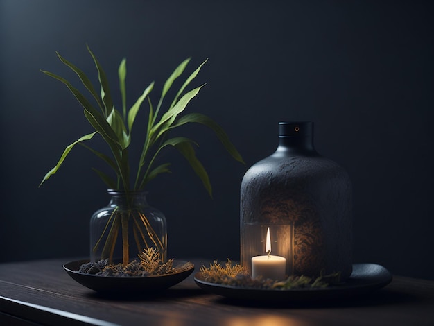 Bougie allumée dans un vase en verre avec plante verte sur fond sombre