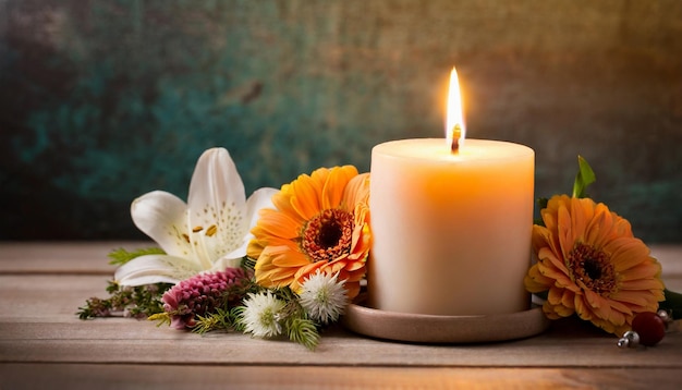 Bougie allumée et fleurs sur la table bel arrangement intérieur