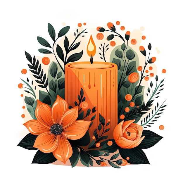 bougie allumée orange avec des fleurs et des plantes isolées sur fond blanc