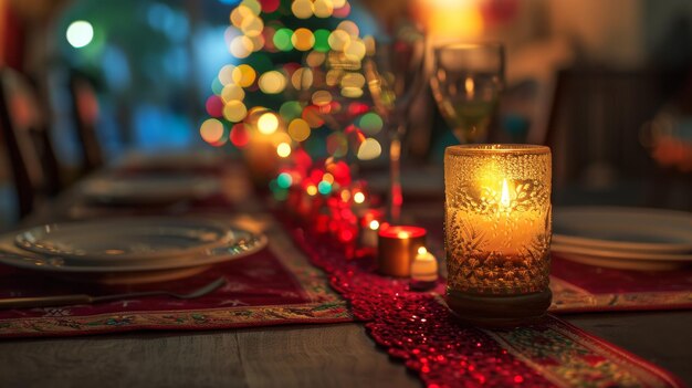 Bougie allumée sur la table avec arbre de Noël en arrière-plan Diwali