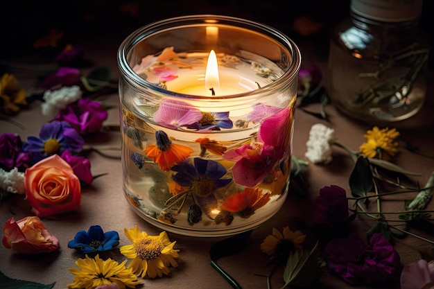 Bougie aromatique dans un bocal en verre transparent entouré de fleurs colorées