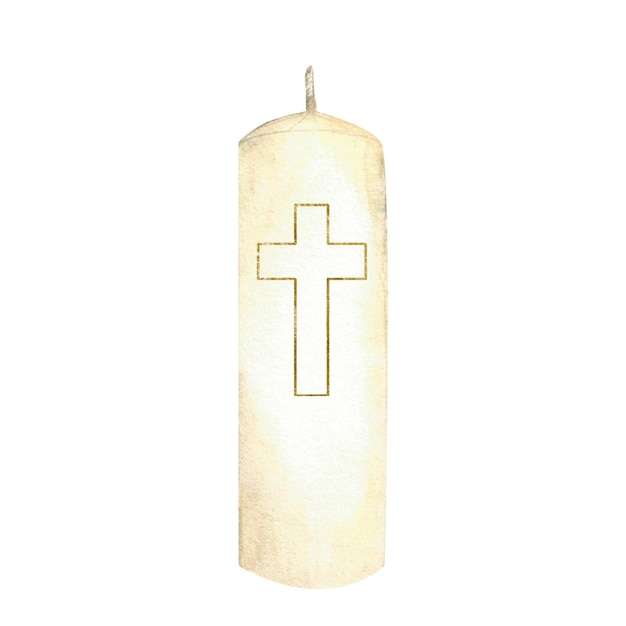 Bougie blanche avec une croix dorée illustration à l'aquarelle pour l'église fêtes religieuses baptême