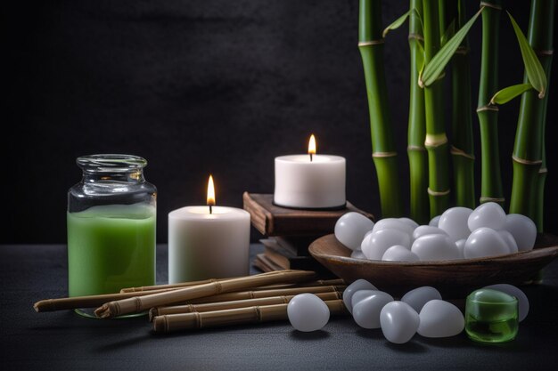 Une bougie et un bol de boules blanches sont sur une table.