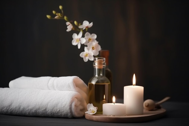 Une bougie et une bouteille d'huile avec une branche de fleurs de cerisier sur la table