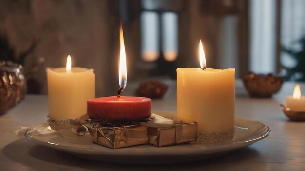 Une bougie brûlante sur une assiette près des boîtes de cadeaux