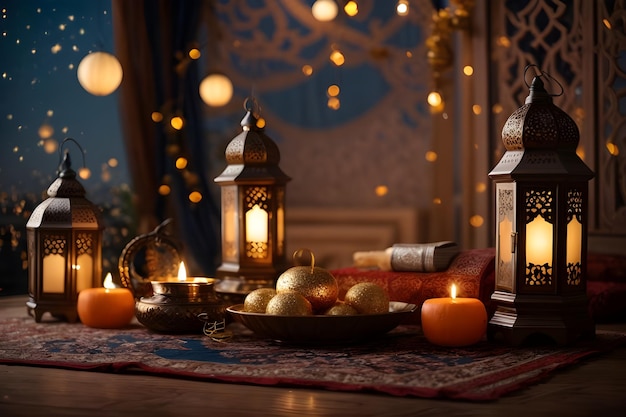 La bougie brûlante du Ramadan brille la nuit sur la lune de la table