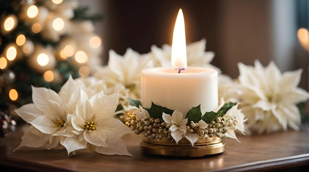 Une bougie brûlante éclaire la décoration de Noël à l'intérieur avec du poinsettia blanc.