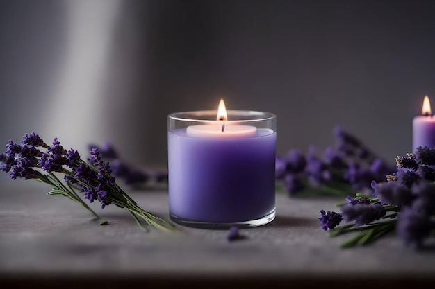 Une bougie brûlante avec des fleurs de lavande sur une table en bois générée par l'IA